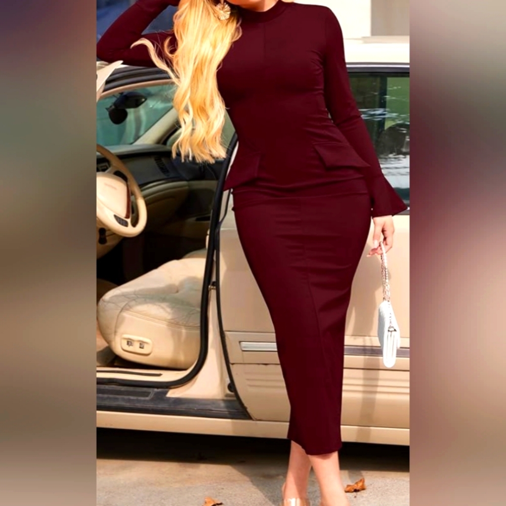 Red Sheath Cocktail Dress with Bell Sleeves
